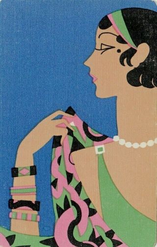 1 Swap Playing Card Vintage Art Deco Lady Pearls - Darker Blue