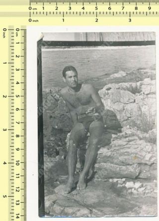 Handsome Shirtless Guy On Beach,  Man In Trunks Bulge Gay Interest Vintage Photo