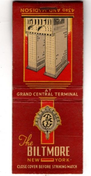 The Biltmore Hotel Grand Central York City Vintage Matchbook Cover Dec - 1
