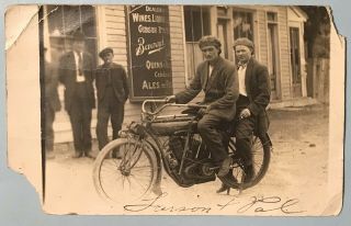 Two Men On Indian Motorcycle Beer Sign Rppc Real Photo Postcard Postcard 1904 - 18