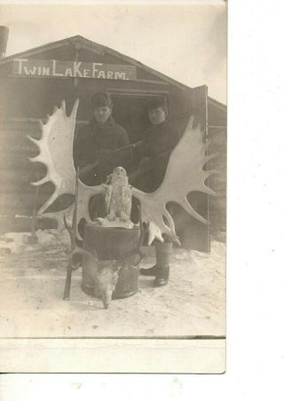 Rppc 2 Men Hunting Taxidermy White Owl With Moose Antlers As Wings 35