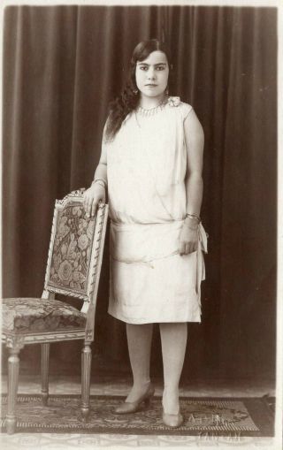 Egypt Vintage Photographer.  Cute Curve Girl In White Dress.  Photo Badr.  Tantah