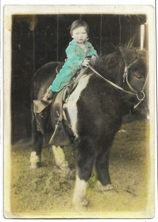 Vintage Hand Tinted Color Snapshot Photo Child On Horse