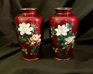 Vintage Sato Japan Cloisonne Vases - Red Ginbari,  Pidgeon 