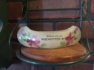 Vintage Milk Glass Souvenir Canoe Rochester York Dk Pink Floral