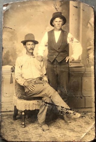 6th Plate Tintype Studio Portrait Oklahoma Boys In Work Clothes