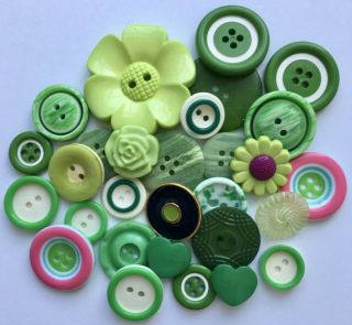 29 Vintage Green Plastic Buttons,  Many Are Two Or More Coloured