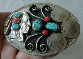 Vintage Native American Belt Buckle Turquoise Coral & Buffalo Nickels Silver