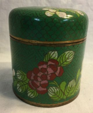 Vintage Chinese Cloisonne Enamel Gilt Brass Floral Lidded Jar Box Green Vase