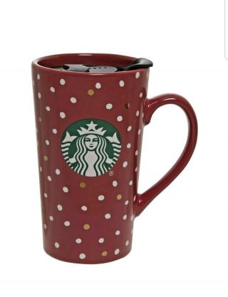 Starbucks Red Ceramic Mug Tumbler Polka Dot White Gold Travel Mug 14 Fl Oz