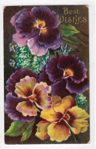 Vintage Antique Post Card Best Wishes With Purple Pansies