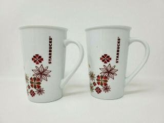 2 Tall Starbucks Holiday Coffee Mug 12 Oz.  Snowflakes Poinsettias Red Gold 2013