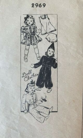 Vintage Doll Clothes Sewing Pattern 1940s? Not Sure Of The Brand But 2969