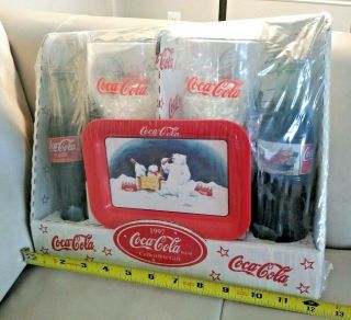 Coca Cola 1997 Collectible Gift Set Bottles Glasses Tray Santa Claus Christmas