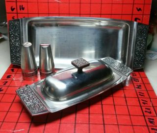 Stanley Roberts Stainless Velvet Salt Pepper Shakers,  Butter Dish & Serving Tray