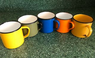 Vintage Set Of 5 Multi Color Enamel Ware Mugs Cups Tea Coffee Enamel