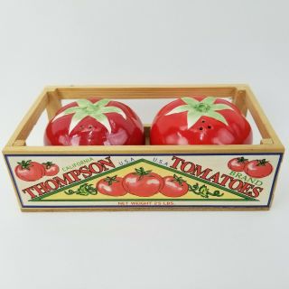 Vtg Russ Berrie 15099 Ceramic Tomatoes In Wood Basket Salt & Pepper Shakers Set