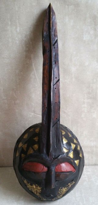 Vintage African Tribal Akan Brass Wood Mask Ghana Hand Carved Wall Folk Art