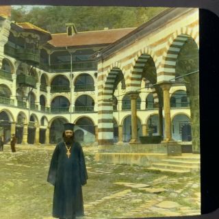Vtg Magic Lantern Glass Slide Photo Bulgaria Color View Of Rila Monastery