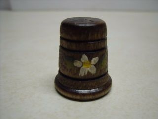 Vintage Wood Wooden Hand Painted Flower Collectible Sewing Thimble Signed Sw