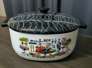 Vtg Black White Enamelware Dutch Oven Pot Retro Turkey Scene Handled W/lid