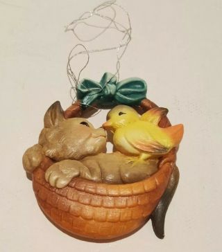 Anri Ferrandiz Wood Ornament Duck And Cat In A Basket Cute