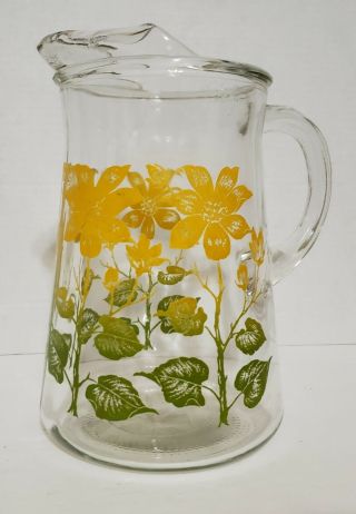 Vintage Yellow Wild Flower Glass Pitcher Water Lemonade Juice 9 " H X 5.  5 " W