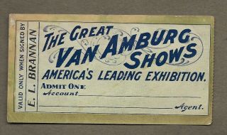 1890s Ticket The Great Van Amburg Shows Circus Exhibition