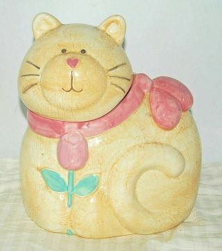 Vintage Treasure Craft Yellow Cat Ceramic Cookie Jar Pink Ribbon / Flower