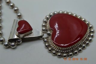 Vintage Sterling Silver Bead Large Heavy Red Heart Earring 24 " Necklace Set 80g