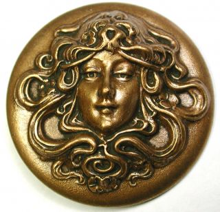 Art Nouveau Realistic Stamped Brass Button Pretty Woman W Long Hair 1 & 5/16 "