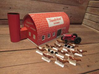 Vintage Set Tin Friendly Acres Golden Guernsey Dairy Farm Playset Cows & Tractor
