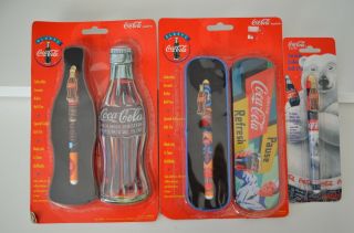 (3) Coca Cola Collectible Gift Tin Case Ceramic Roller Ball Pens 1996