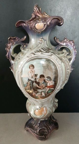 16 " Vintage Royal Wettina Vase Made In Austria W/ Pink Roses & The Melon Eaters