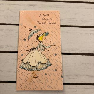 Vintage Greeting Card Bridal Shower Cute Girl Pink Umbrella