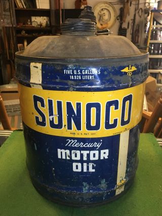 Vintage Sunoco 5 Gallon Mercury Made Motor Oil Can Advertising Gas Station