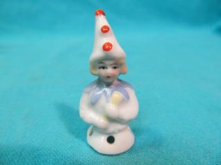 1 7/8 " Vintage Porcelain Half Doll Pin Cushion Girl With Dunce / Clown Cap