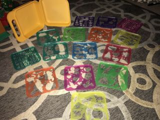 Tupperware Tuppertoys 19 Stencils W/case Animals Shapes Letters Holidays Numbers
