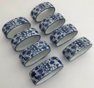 Napkin Rings Set Of 8 White Porcelain With Blue Floral Design