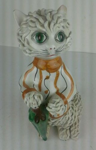 Vintage Mid Century Modern Ceramic Spaghetti Cat Figurine Green Eyes Italy 11 "