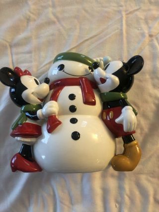 Disney Direct Retired Mickey & Minnie Mouse Christmas Snowman Cookie Jar