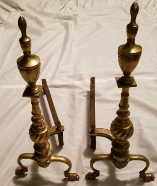 Vintage Brass/iron ? Victorian Fireplace Andirons Footed