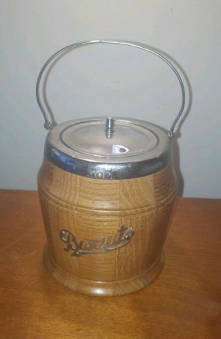 Vintage English Wooden Biscuit Barrel / Cookie Jar With Porcelain Inside