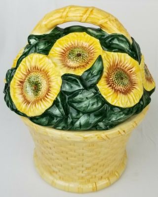 Cooks Club Sunflowers In A Basket Ceramic Cookie Jar Container With Lid