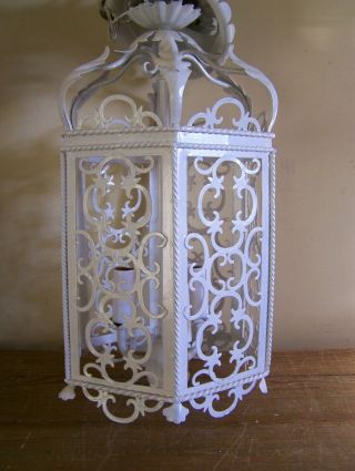Antique Vintage Ornate White Wrought Iron Hanging 3 Light Fixture Italy