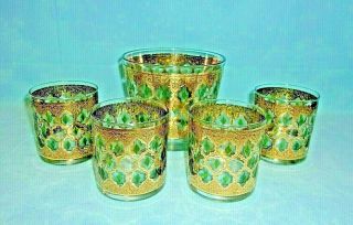 Culver Valencia Vintage Green & Gold Filigree Old Fashioned Glasses & Ice Bucket