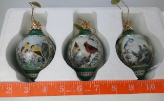 3 Bird Porcelain Ornaments Bluebird Cardinal Yellow Finch Bradford Editions 1999
