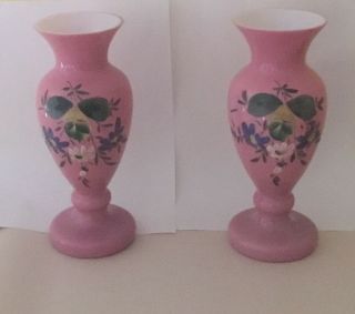 Victorian Pink Cased Glass Vases - Fgc Hand Paint Flower Leaves 8.  5in
