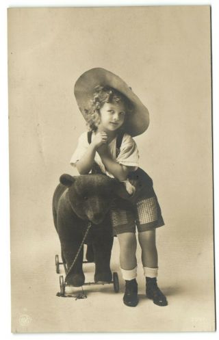 Edwardian Young Beauty Girl With Large Teddy Bear Toy On Wheels Photo Postcard