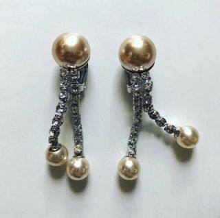 Vtg Christian Dior " Pearl " & " Diamond " Rhinestone Clip Earrings Silver Signed